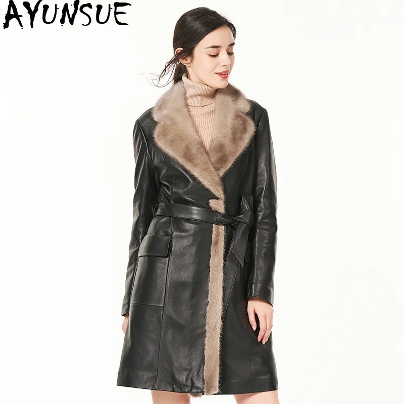 AYUNSUE Real Leather Jacket 2020 Winter Coat Women Mink Fur Collar Down Jacket Women Genuine Sheepskin Coat Chaqueta Mujer X-255