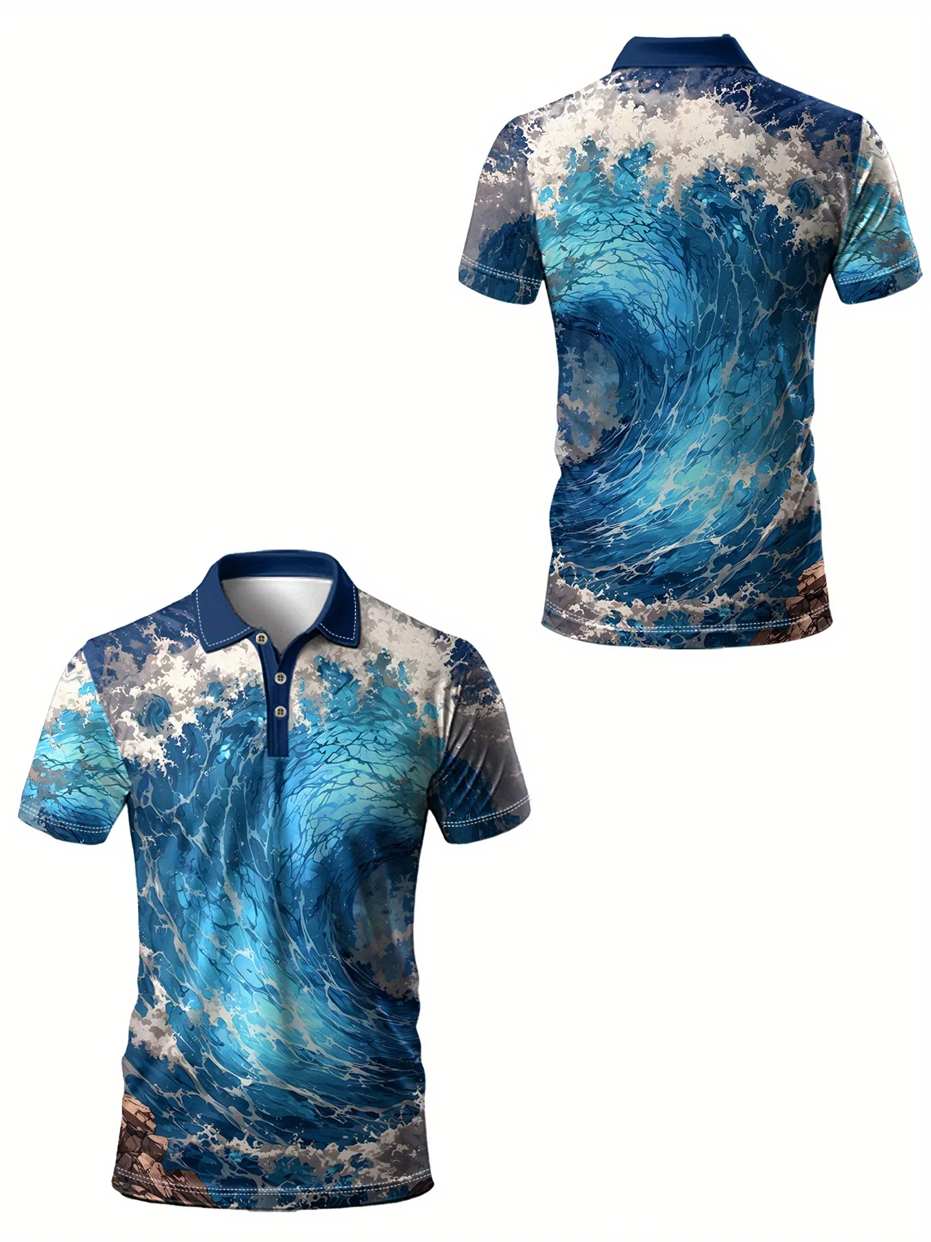 Camisa con Estampado de Olas para Hombre 2026 - Manga Corta, Poliéster Transpirable, Lavable a Máquina, Ideal para Uso Casual