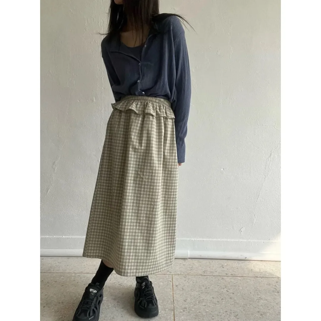 

Весенне-осенне-зимняя юбка средней длины с разрезом и небольшим клетчатым узором в двух цветах, корейский стиль, женская мода