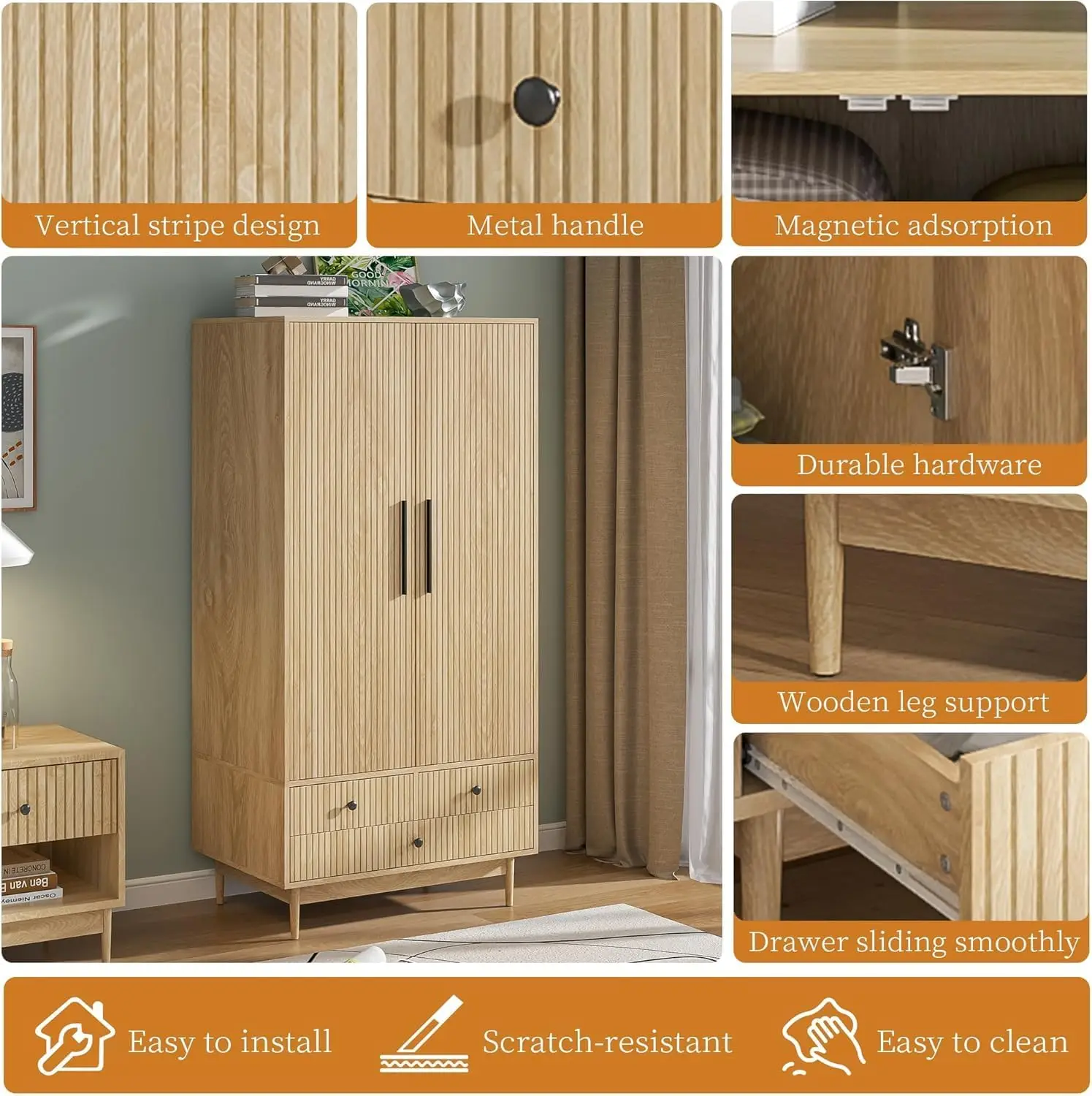 Armário Autoportante com Prateleiras e Haste Suspensa, Armário de Armário com 2 Portas Caneladas, Modern Wooden Bedroom Armoi