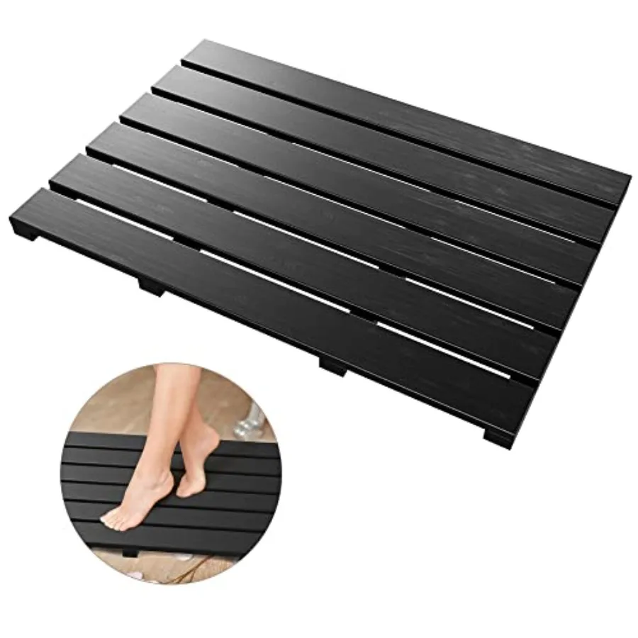 

Bath Mat for Bathroom Luxury Shower Non-Slip Bamboo Wooden Waterproof Floor Mat for Indoor or Outdoor Use in Black