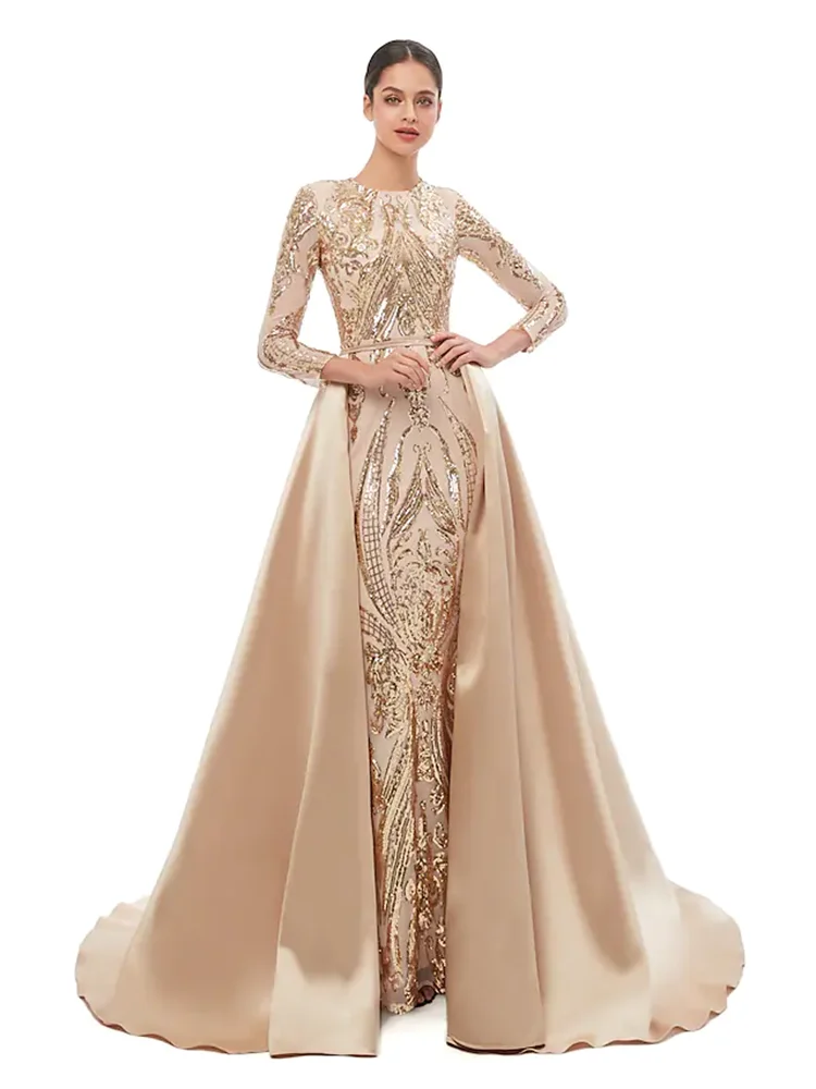 

Mermaid / Trumpet Elegant Vintage Prom Formal Evening Dress O-Neck Long Sleeve Removable Court Train Sequined with Applique 2023