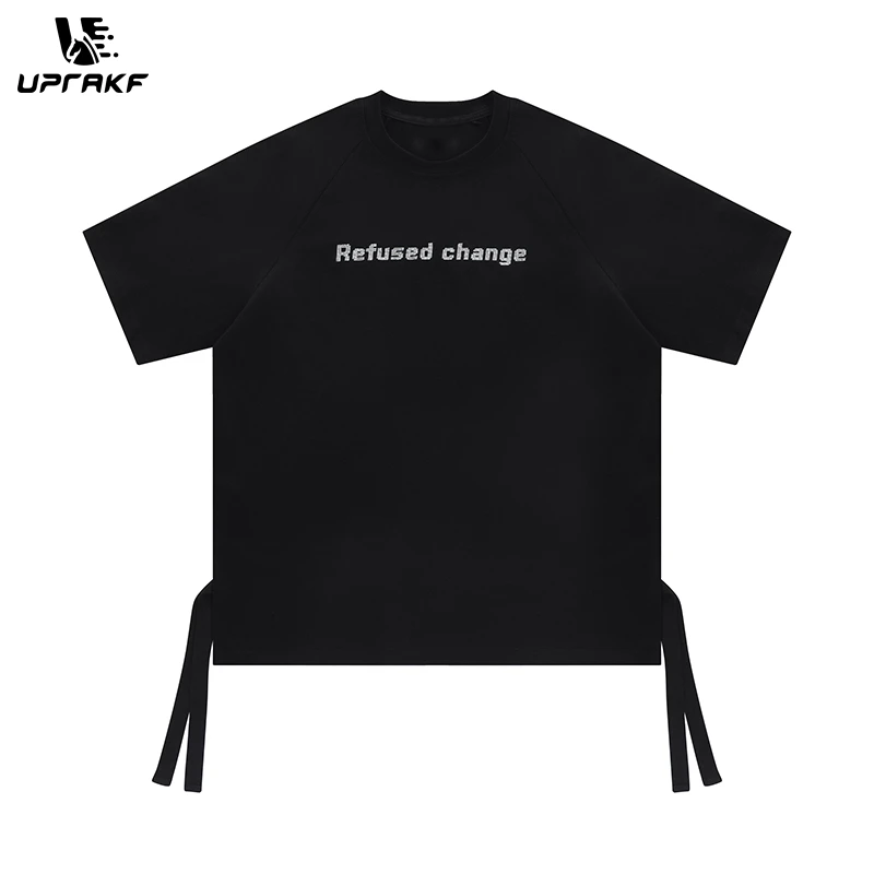 UPRAKF Streetwear T Shirts Oversize High Quality Special Tie Design Tee Casual O Neck Summer Short Sleeve Black White