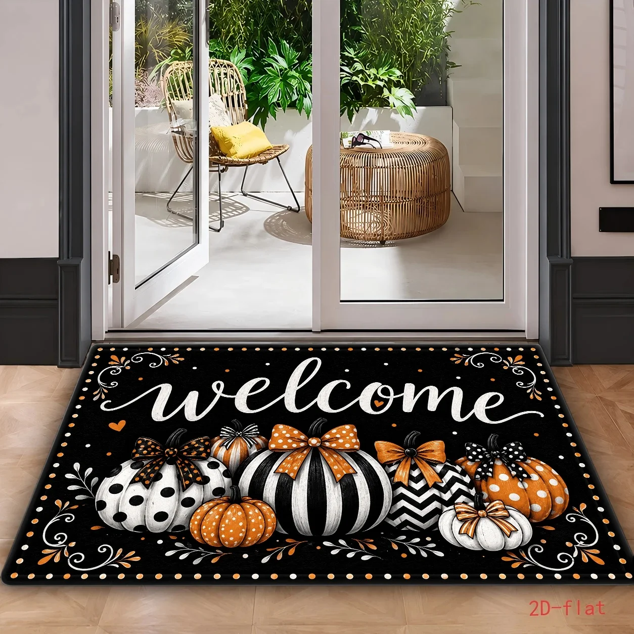 Pumpkin Welcome Bow Black White Orange Autumn Rug For Fall Entrance Seasonal Greeting Non Slip Indoor Floor Cover