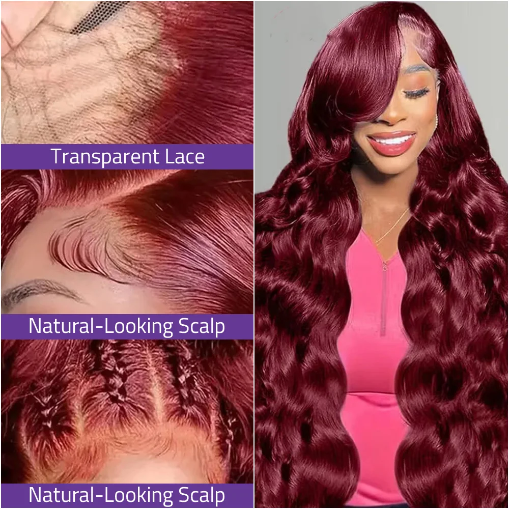 # شعر مستعار 99j مموج باللون الأحمر العنابي مصنوع من شعر بشري 100%، شعر مستعار بدانتيل أمامي عالي الدقة 13 × 6 وشعر مستعار أمامي بدانتيل شفاف 13 × 4.