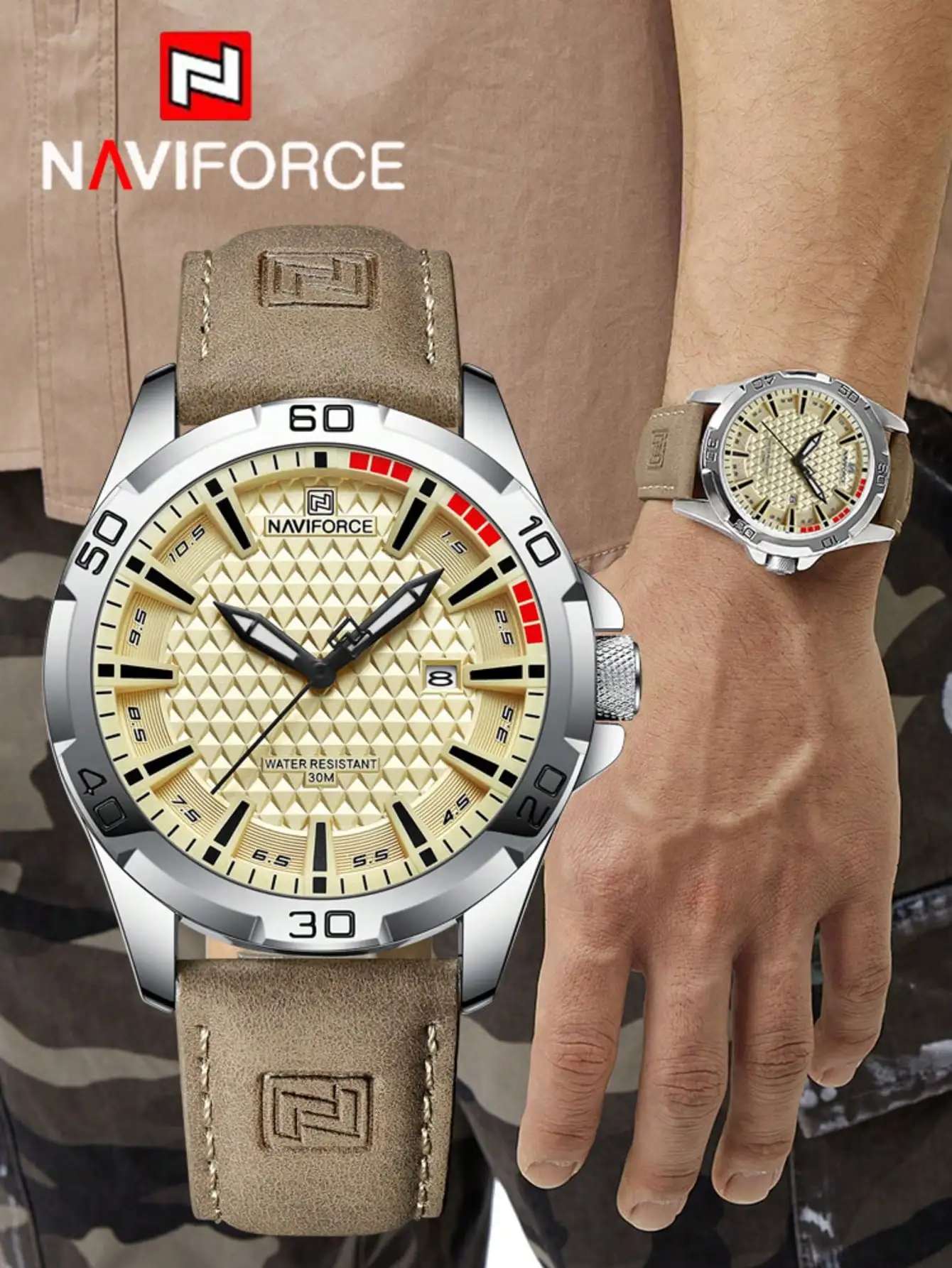 NAVIFORCE Brand Men Fashion Quartz Watches Male Leather Strap Sport Waterproof Wristwatches Calendar Clock Watch