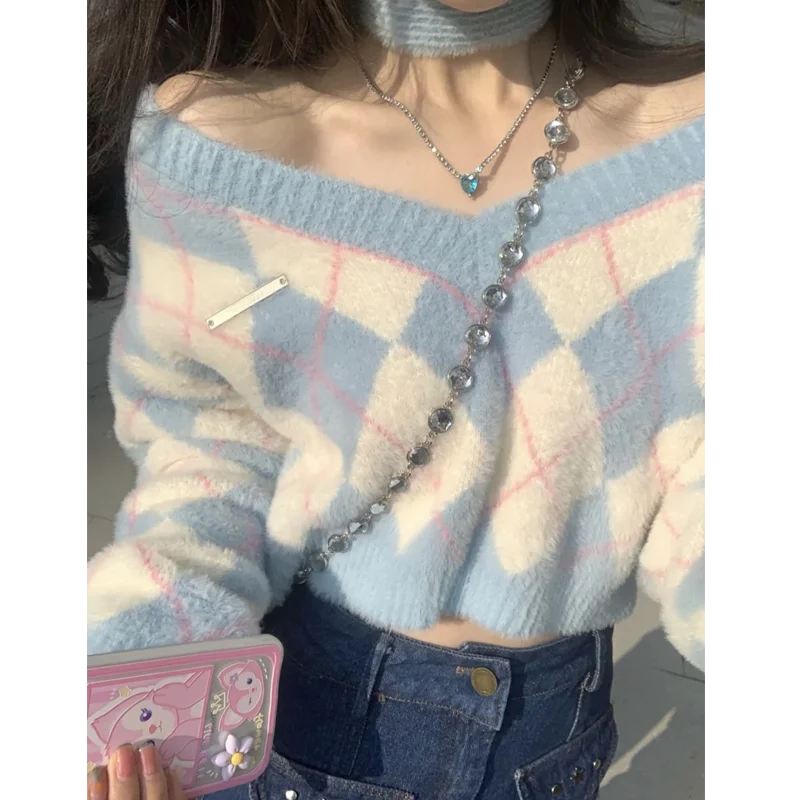 Sexy ort Knitted Sweater Women's Top Autumn Winter Lazy Sle Camere Design Blue Sweater Fem Spicy Girl V-ne Long Sl...