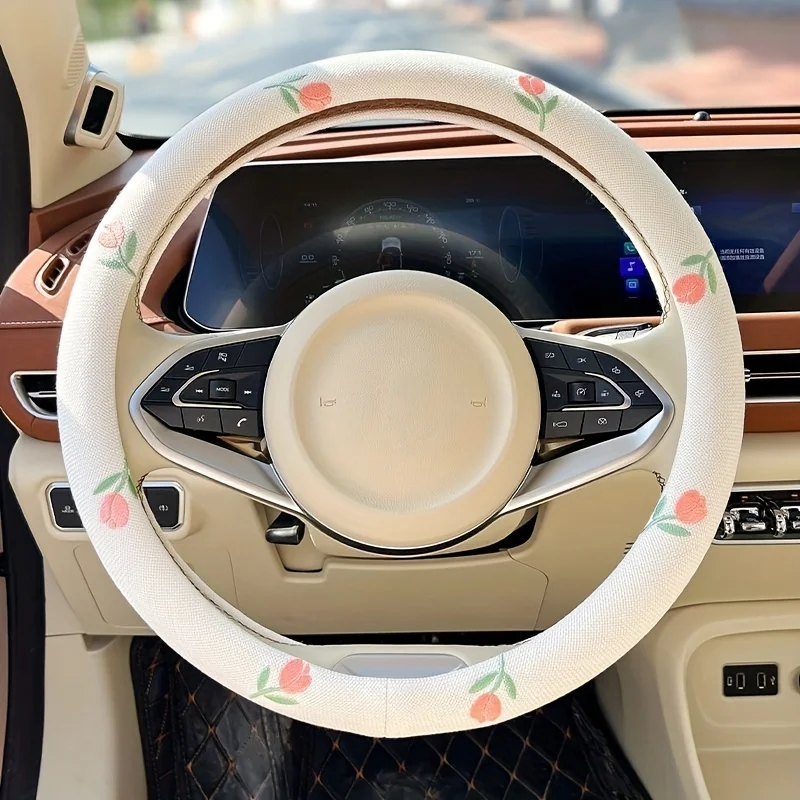 1pc Cotton and Linen Embroidered Tulip Car Steering Wheel Cover Auto Parts - Anti-Slip, Wear-Resistant, Sweat Absorbing view 2