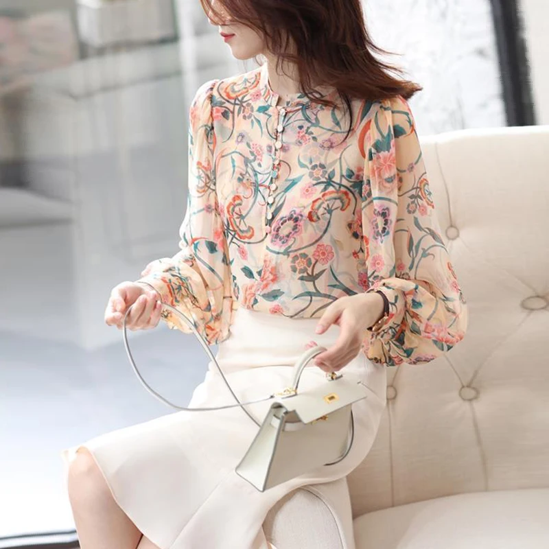 Spring Autumn Floral Printing Elegant Fashion Buttons Chiffon Blouse Top Women Long Sleeve Loose Casual All-match Shirt Female