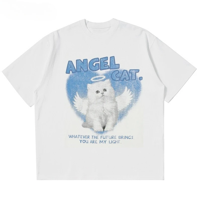 

2025summer Men Women T-Shirts Angel Cat Animal Short Sleeve Tees Tops Korean Fashion Graphic Cotton Vintage Y2k Clothing
