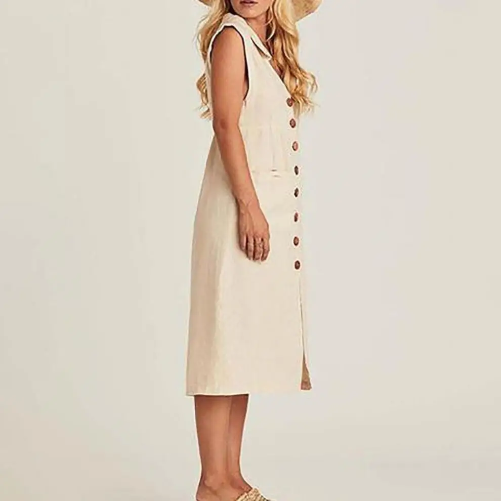 Women's dress summer new fashion V-neck single breasted buckle buckle dress pocket design sense skirt