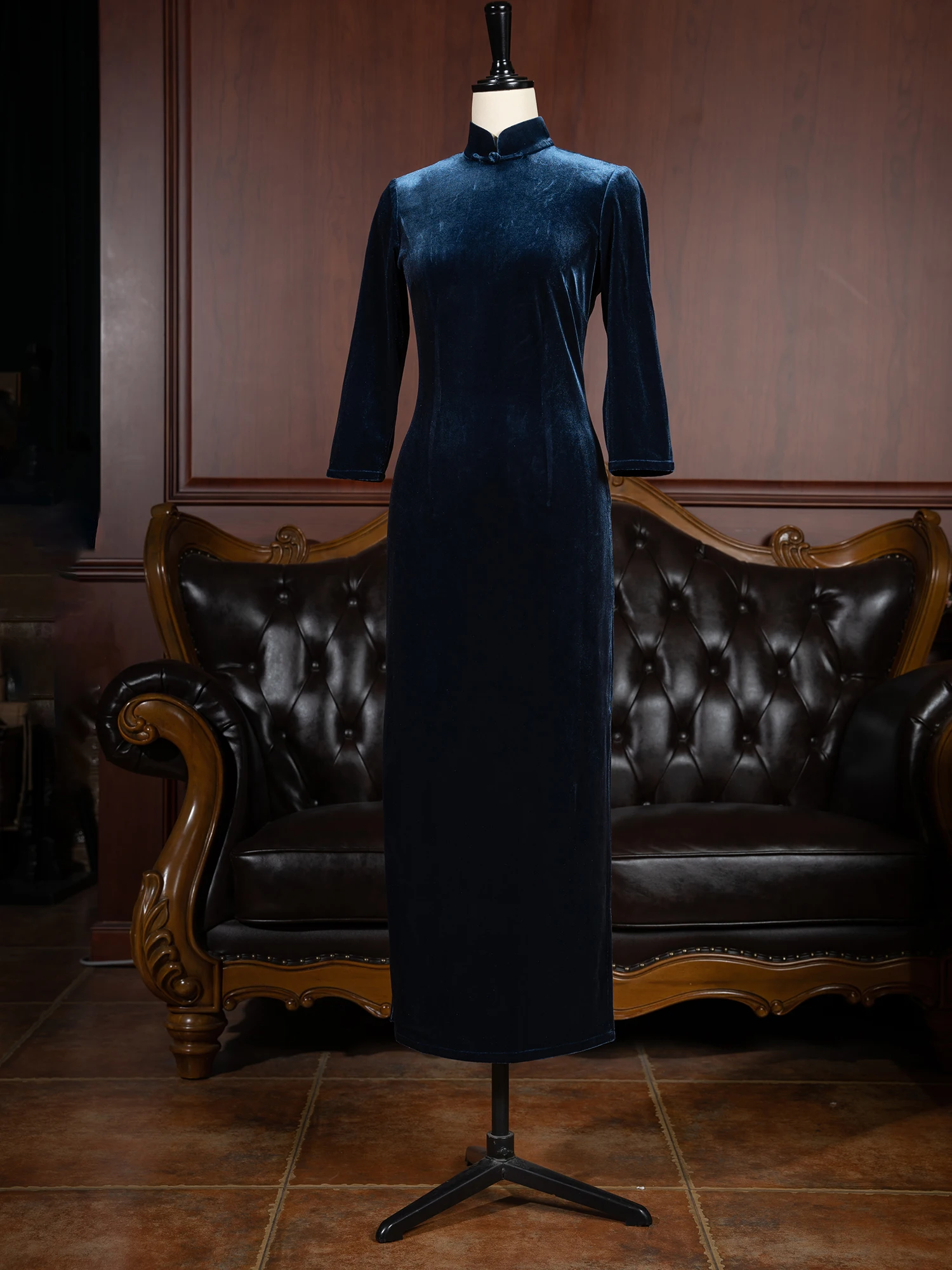 

Классический бархатный эластичный платок-повязка на голову для весны и лета, синий, длинный, в стиле традиционного китайского платья-ципао