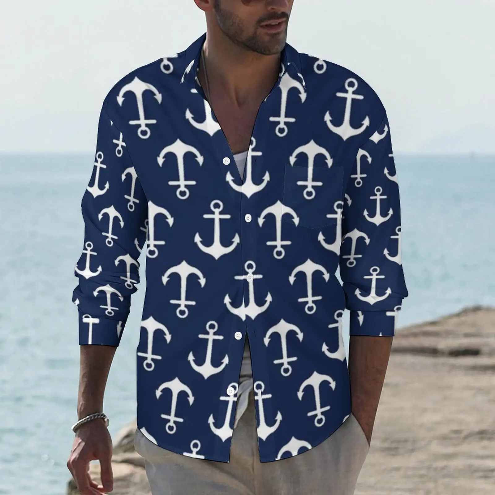 Navy Blue Nautical Shirt Spring Anchor Pattern Casual Shirts Man Novelty Blouses Long Sleeve Graphic Clothing Plus Size 3XL 4XL