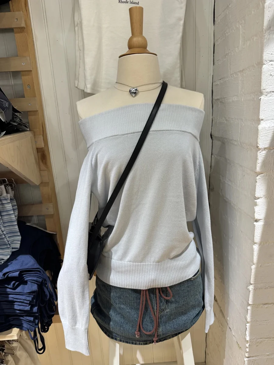 

Light Blue Sexy Slash Neck Knitted Sweater Women Autumn New Cotton Long Sleeve Jumper Casual Solid All-match Sweet Knitwear Tops