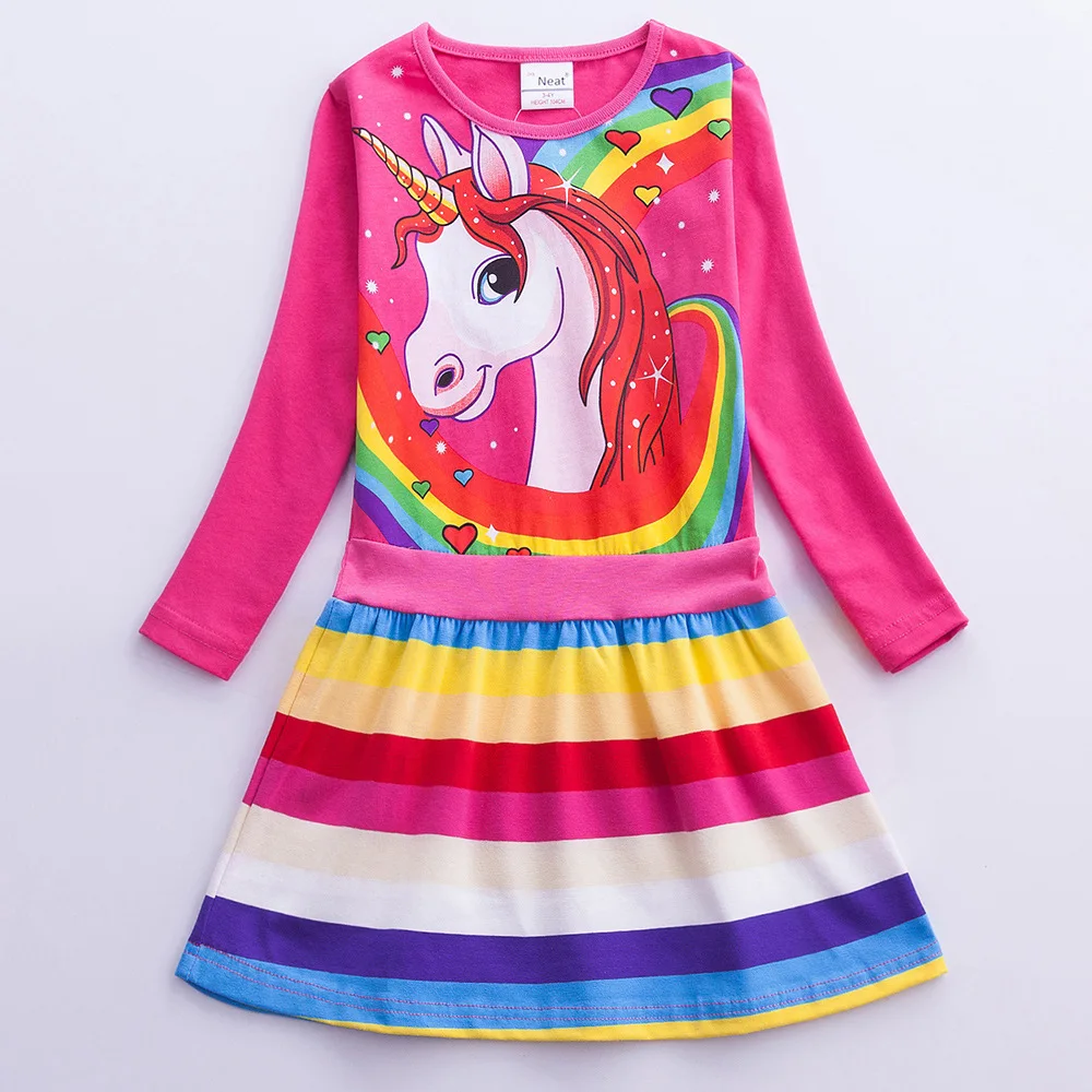 Girls' cartoon unicorn printed long sleeved autumn cotton dress LH6219