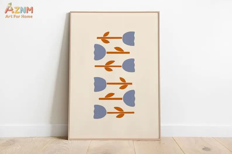 AZNM – impression sur toile de tulipes abstraites minimalistes, bleu, orange, motif floral géométrique, ligne simple, affiche murale sans cadre, neutre, style bohème, chambre à coucher D