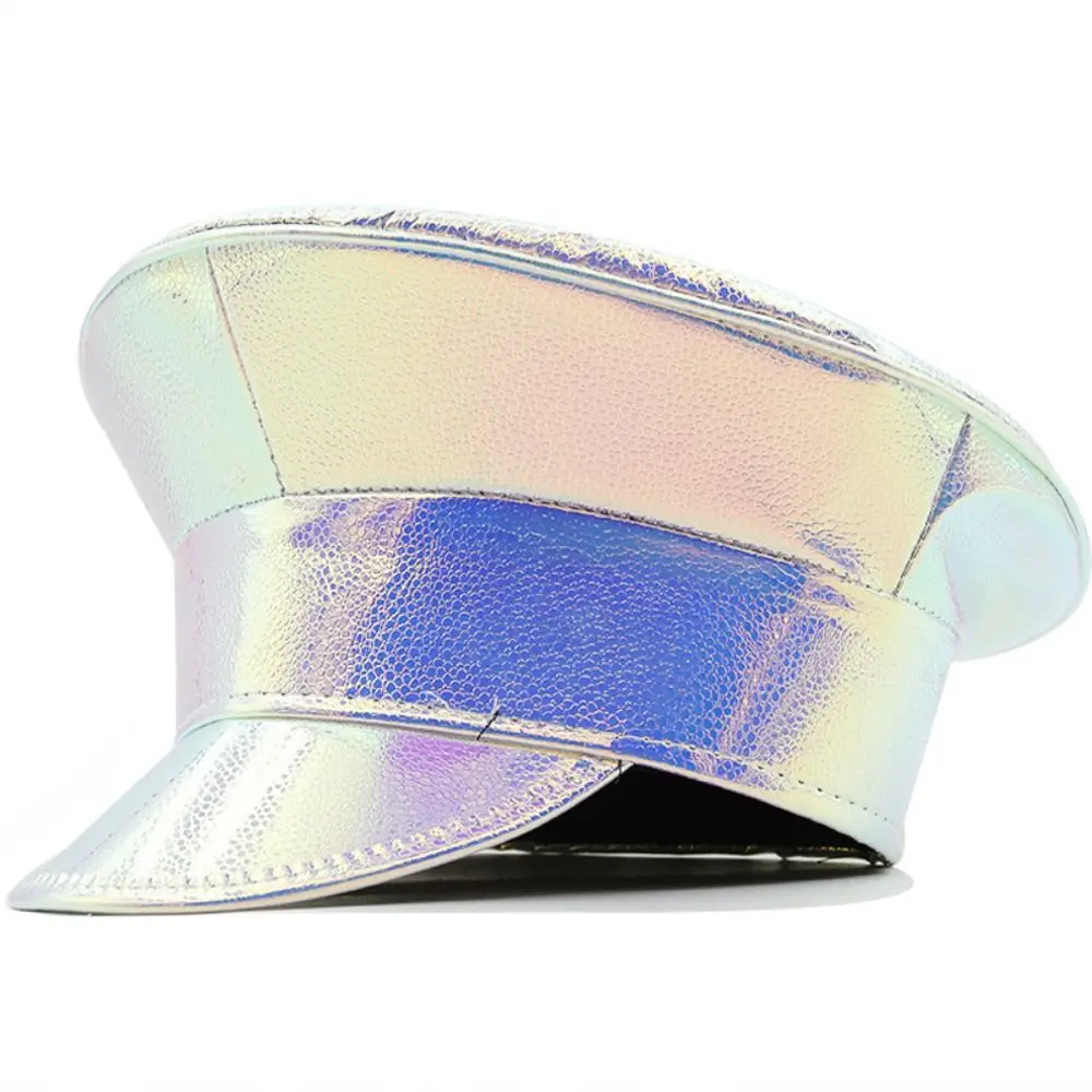 Casual Style PU Leather Laser Hats Waterproof Sunscreen Leather Beret UV Protection Flat Caps Captain Cap Prom Performance Bar