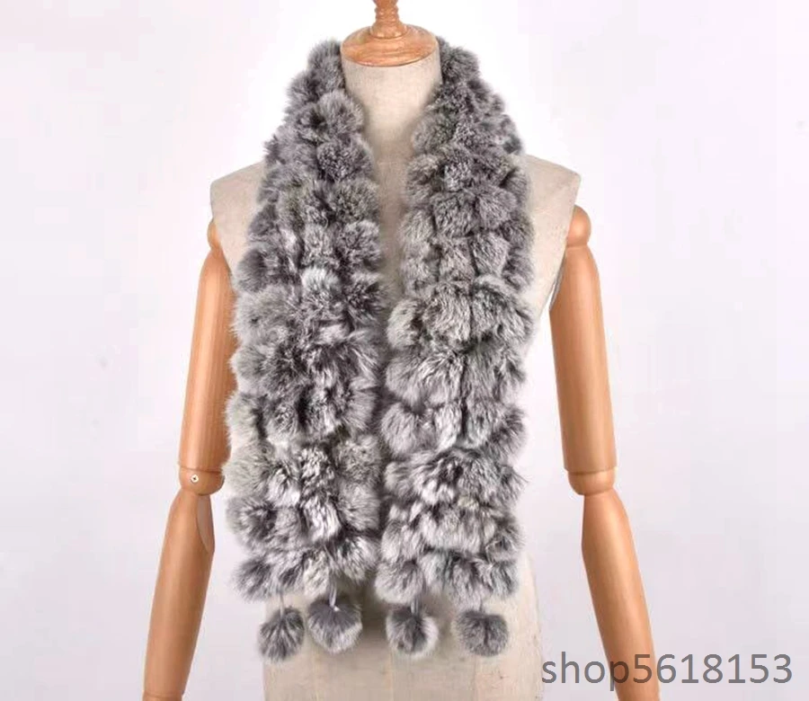 Women's winter warm grey real rabbit fur round ball scarf hot selling natural rabbit fur scarf women's 100% genuine leather