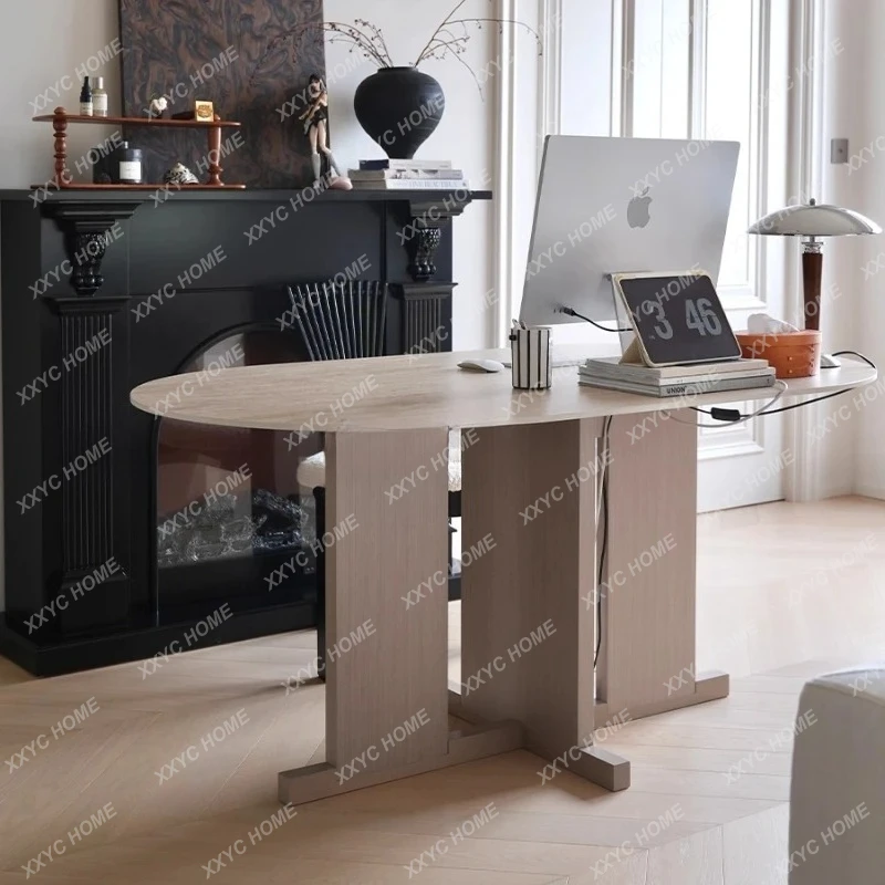 LLSolid wood rock slab eating table rectangular household living room modern simple light luxury small apartment