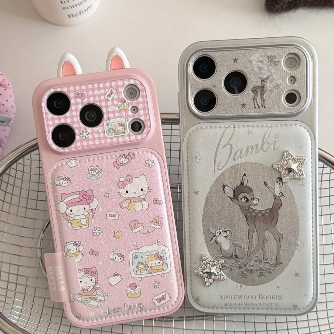 Niedliche Cartoon-Sanrio-3D-Ohren, Hello Kitty, Hirsch, Leder-Handyhülle für iPhone 17, 16, 15, 14, 13, Pro Max, mädchenhafter Herz-Stil, Rückseite