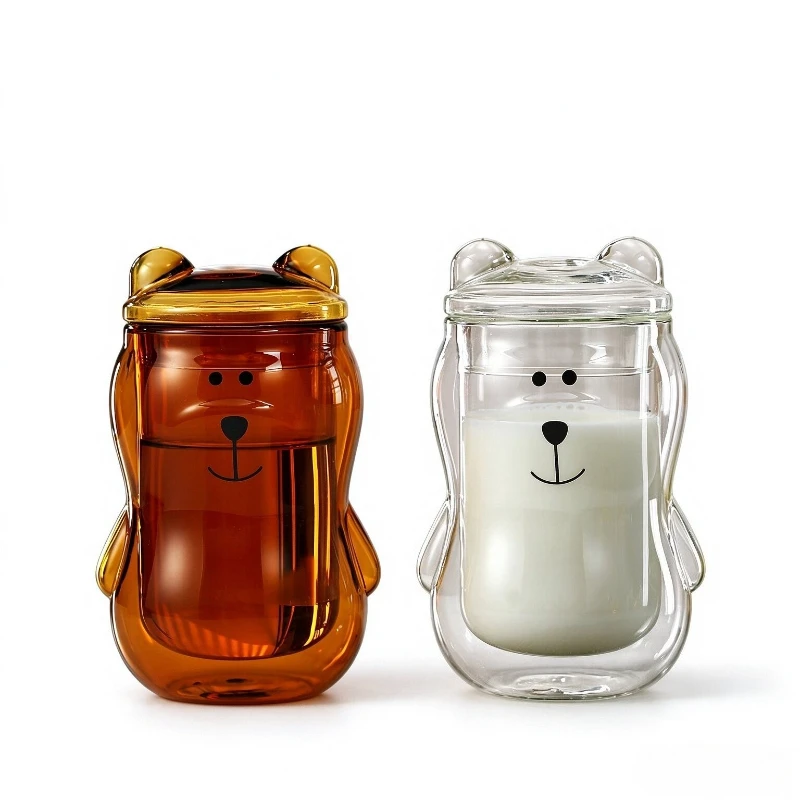 Creative 300ml Bear Double Wall Glass Mug with Lid Cute Cartoon Amber Coffee Tea Cup Personalized Office Home Drinkware Gift