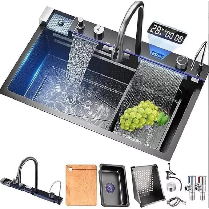 STLF  Whale Flying Rain Waterfall Sink, Multifunctional Large Single Slot Stainless Steel Nano Kitchen Sink