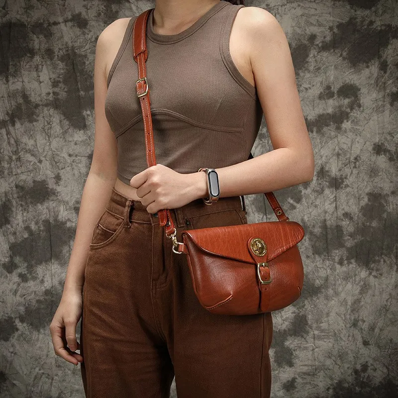 Johnature Genuine Leather Retro Saddle Bag High-quality Women Bags 2024 New Simple Natural Cowhide Shoulder & Crossbody Bags