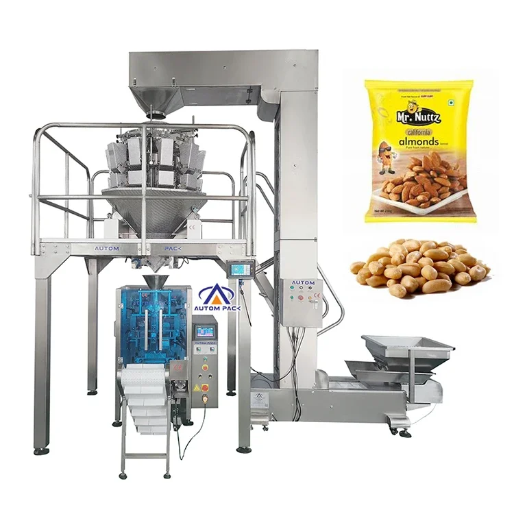 Low Cost Foil Film Automatic Weight Filling Ground Nuts Rice Cake Candy Grains Seeds Snacks Puffed Food Chips Packing Machine