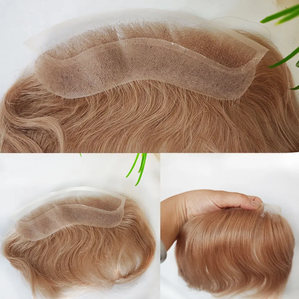 Blond Human Hair Pieces Toupee V Style Lace Frontal Hairline For Men 0.06mm Ultra Thin Skin PU Men's Capillary Prosthesis 4x18