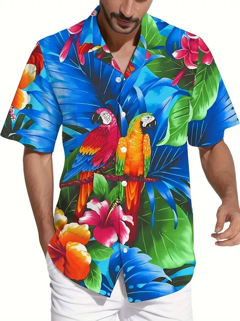 Heren Levendige Papegaai Tropische Bloemenprint Hawaii Shirts Casual Korte Mouw Button Up Strandshirt voor Mannen Zomervakanties - afbeelding 1