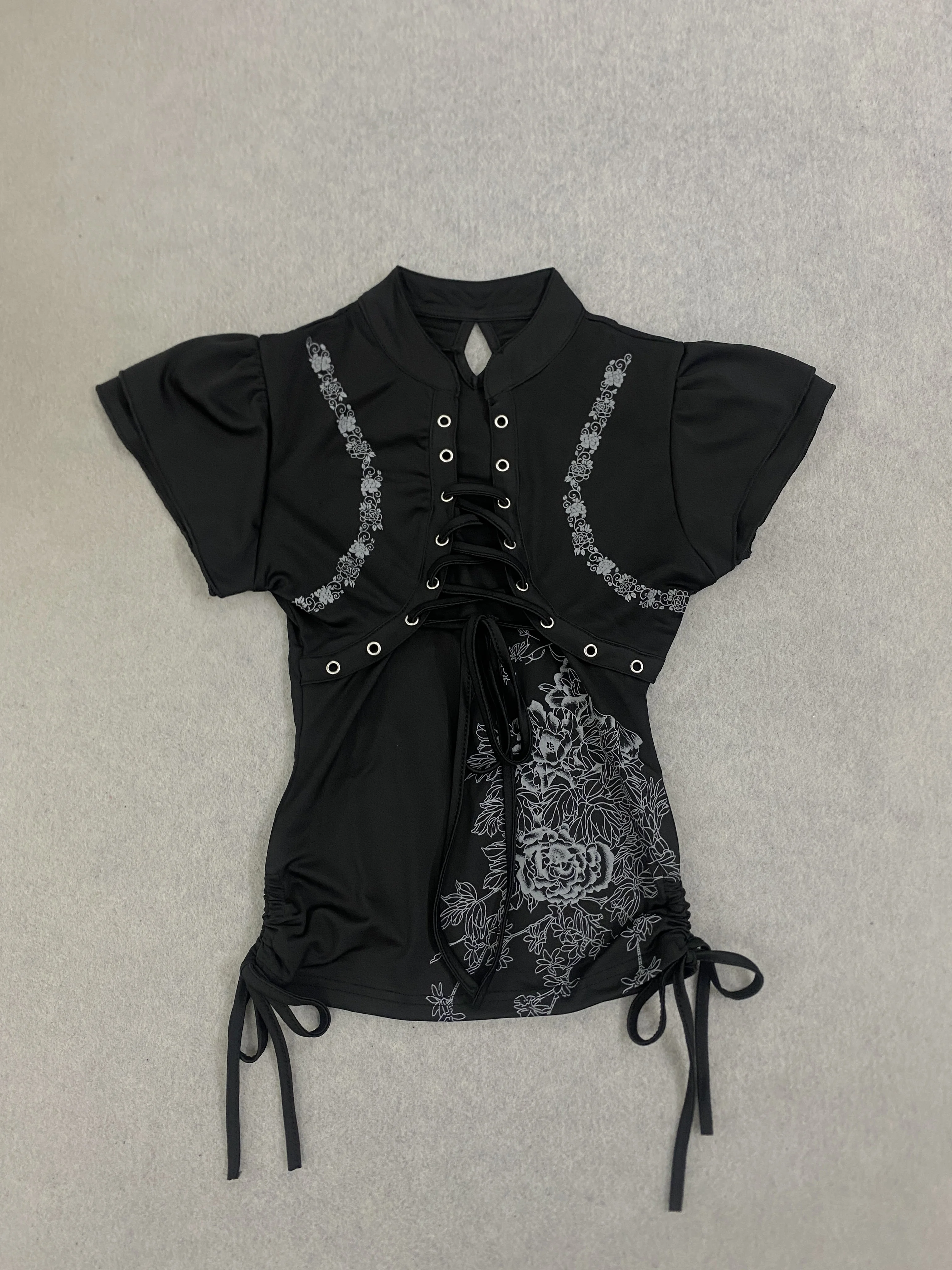 Dark New Chinese Lace Up Short Sleeve Top Y2K Brown Polka Dot Puff Mini Skirt Two Piece Set Contrast Waist Hot Girl Outfit
