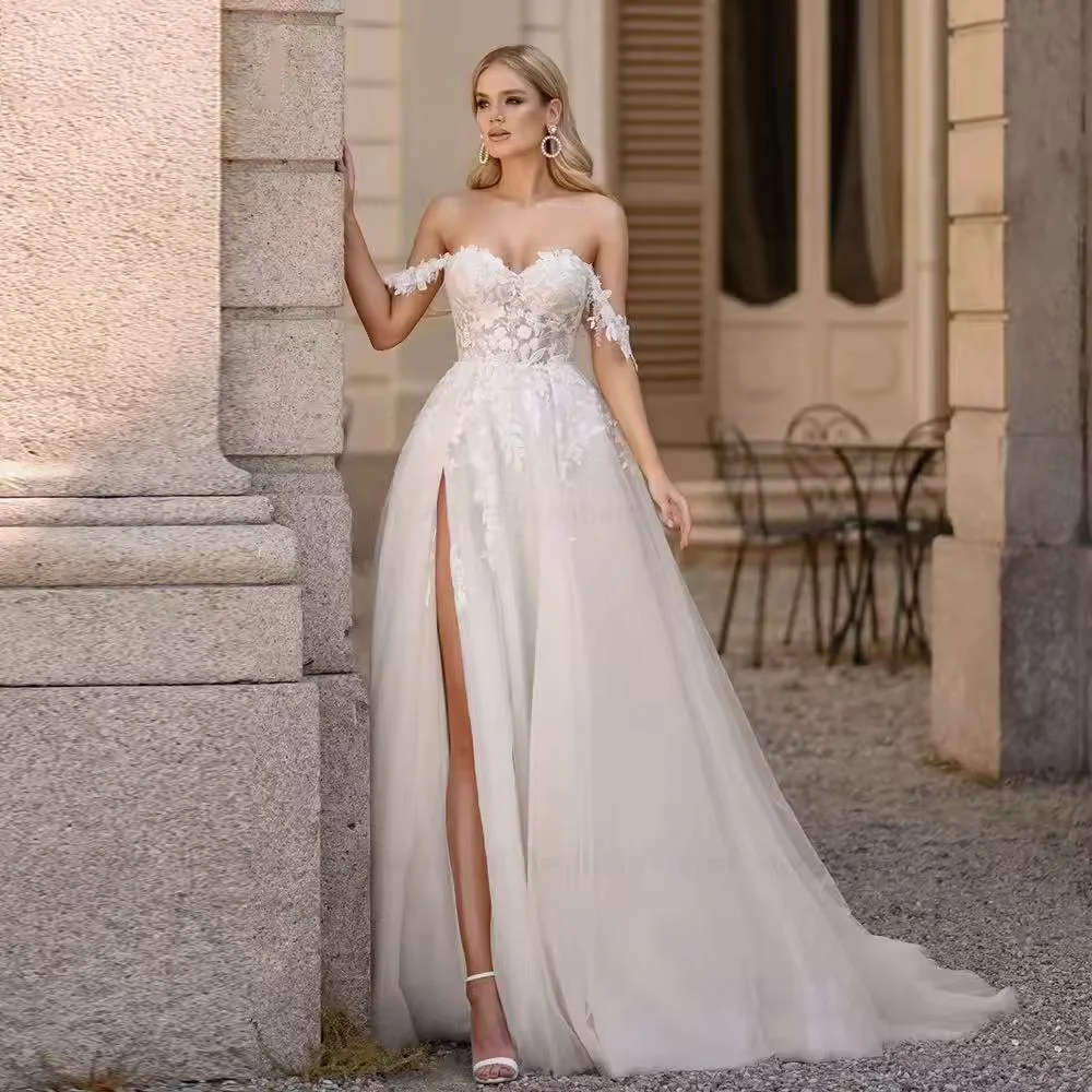 

Lace Appliques Wedding Dress 2025 Bride Off Shoulder Sweetheart Bridal Gown Side Split A-Line Customized
