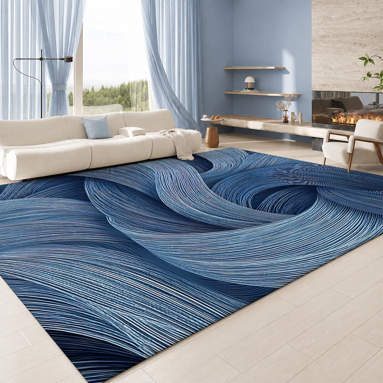 Large Indoor Area Rug, Soft Velvet Low Pile with Non-slip Dotted Backing, Machine Washable, Abstract Wavy Denim Blue Pattern for Living Room, Bedroom, Modern Home Floor Decor