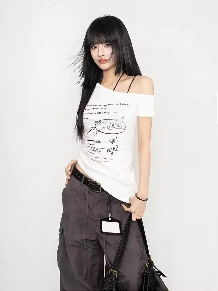 Streetwear Skew Collar Casual Tees Vintage Letter Printing Harajuku Irregular Tops Grunge Slim Fit Women T-shirts Y2k Aesthetic