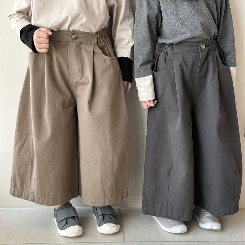 

Childrens Pants 2025 New Autumn Style Pure Color Cotton Straight Loose Suit Pants Wide Leg Pants