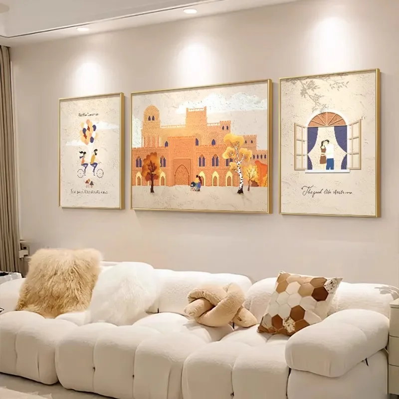 Modern simple landscape living room decorative painting Nordic sofa background wall mural texture cream wind triptych hanging pa