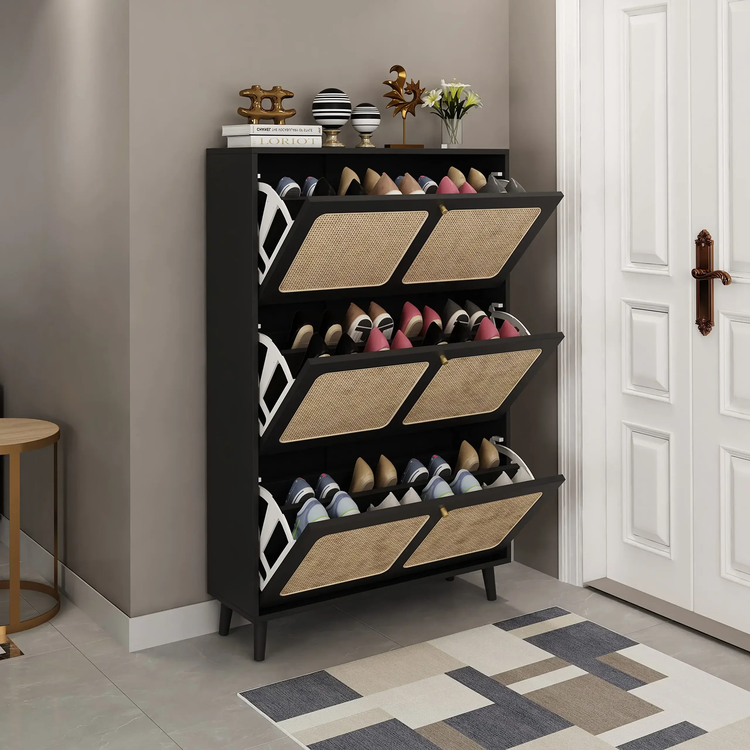 

Hot Sale Shoe Cabinet New Design Rattan Shoe Cabinet With 24 Pairs Cabinets And 3 Rattan Decorated Flap Drawers