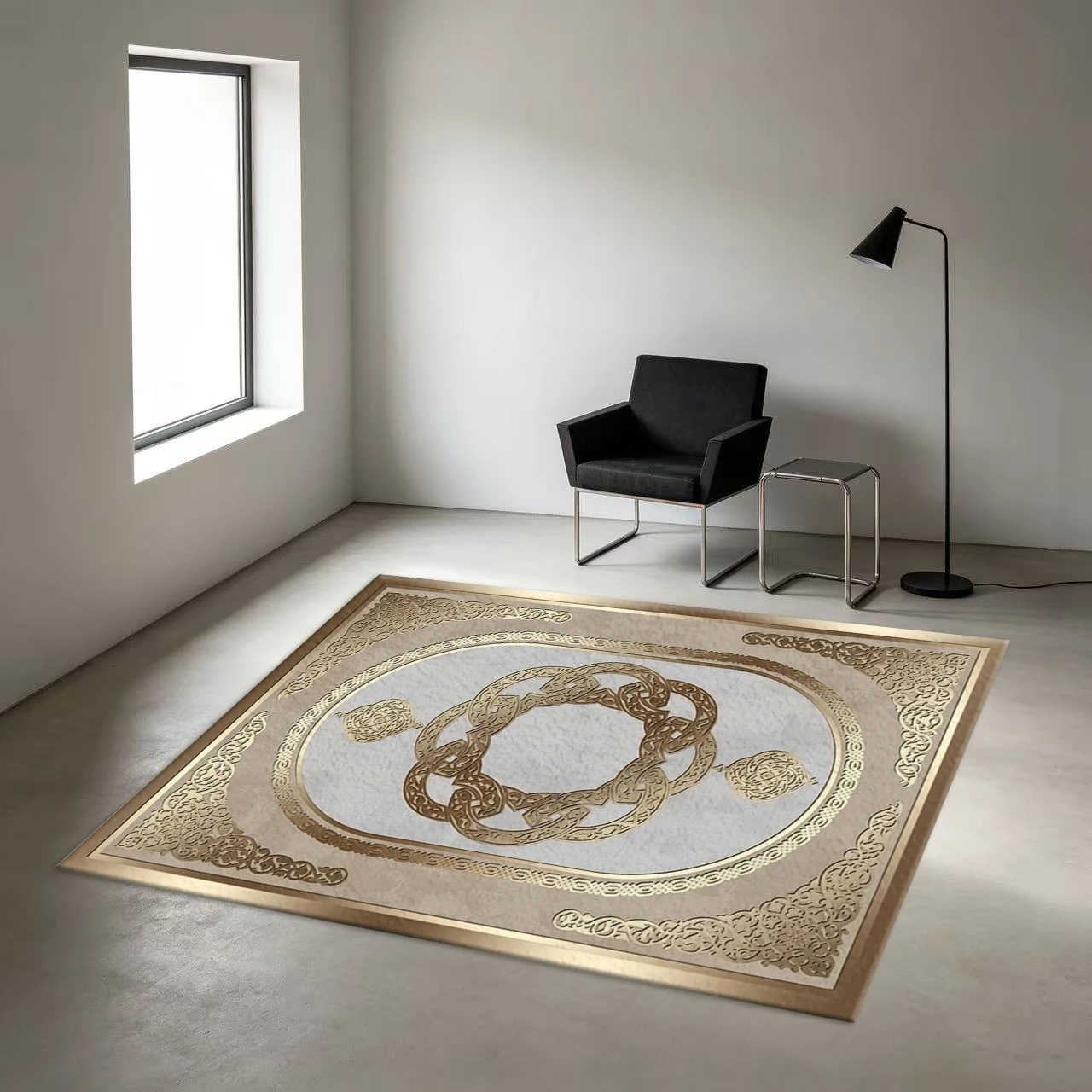 Beige Gold Luxury Square Area Rug Modern Ornate Frame Printed Floor Carpet for Living Room Bedroom Home Decor