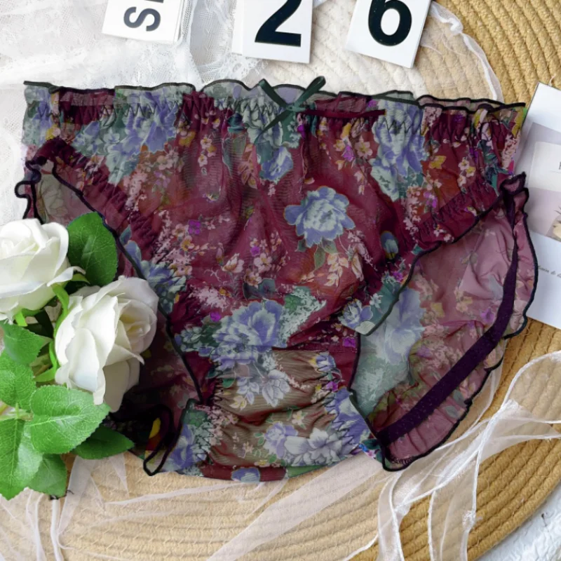 

Lace Flower Sexy Mesh Underwear Sissy Plus Size Fashion Party Panties Transparent Comfortable Soft Ruffled Bow Briefs