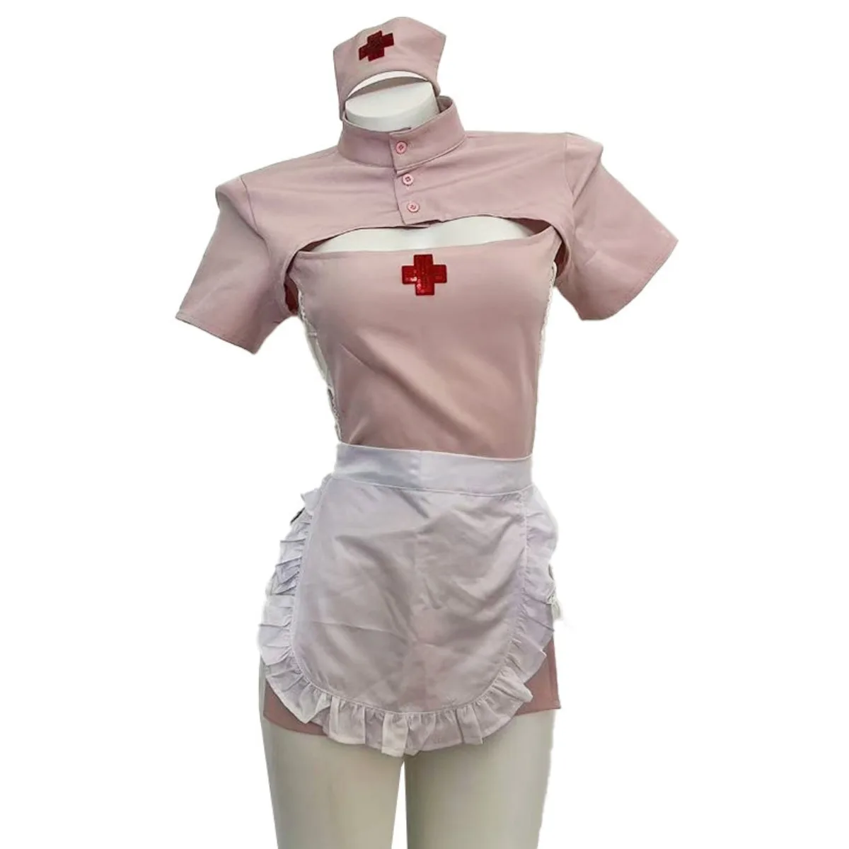 Pink Nurse Role Play Costume Short Sleeve Hollow Out Uniform With Headband For Party Night Club Wear Outfits Choice