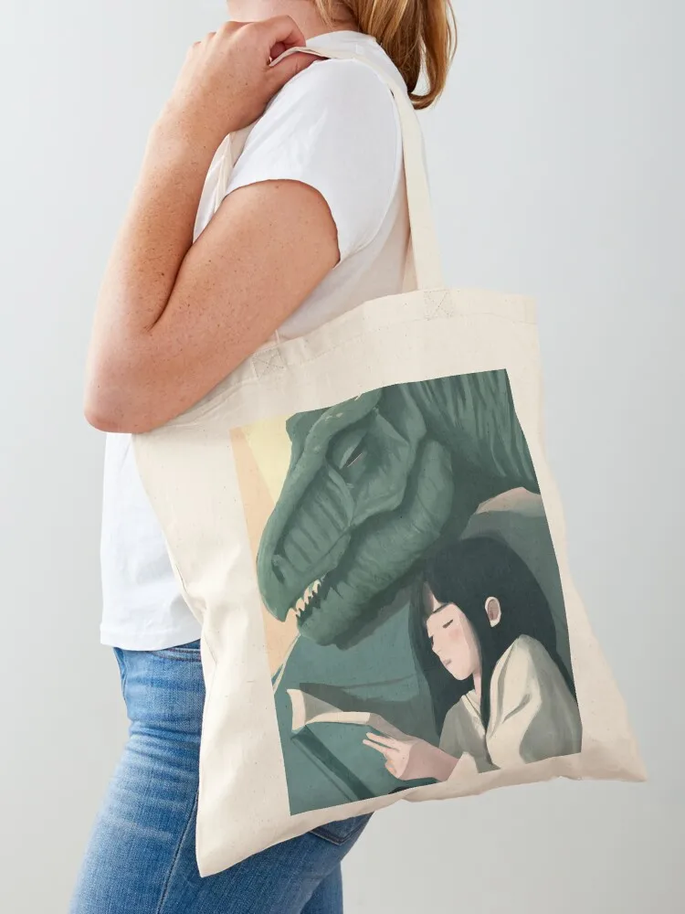 Reading a book while her pet dinosaur sleeps. Tote Bag Big bag hand bags tote bags aesthetic Big bag women