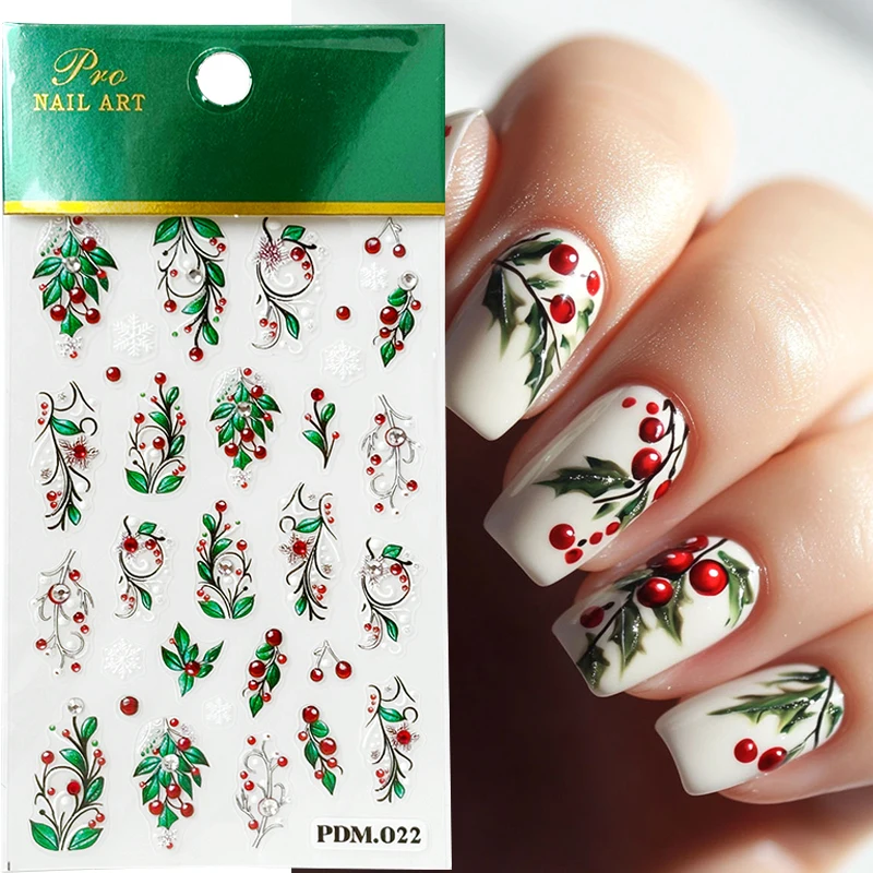 5D Christmas Embossed Nail Stickers Green Holly Leaves Floral Vine Adhesive Decals With Rhinestone Winter  Nail Art Decorations