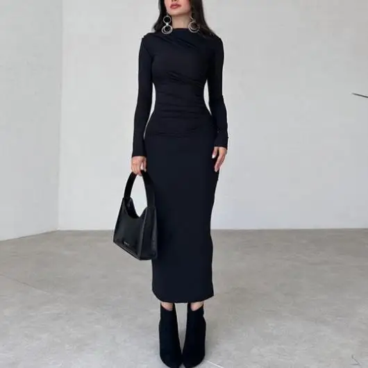 فستان جديد لربيع وخريف 2025 أنيق ومثير بقصة ضيقة ونمط راقي بلون سادة ومزاج طويل على الورك للنساء #2