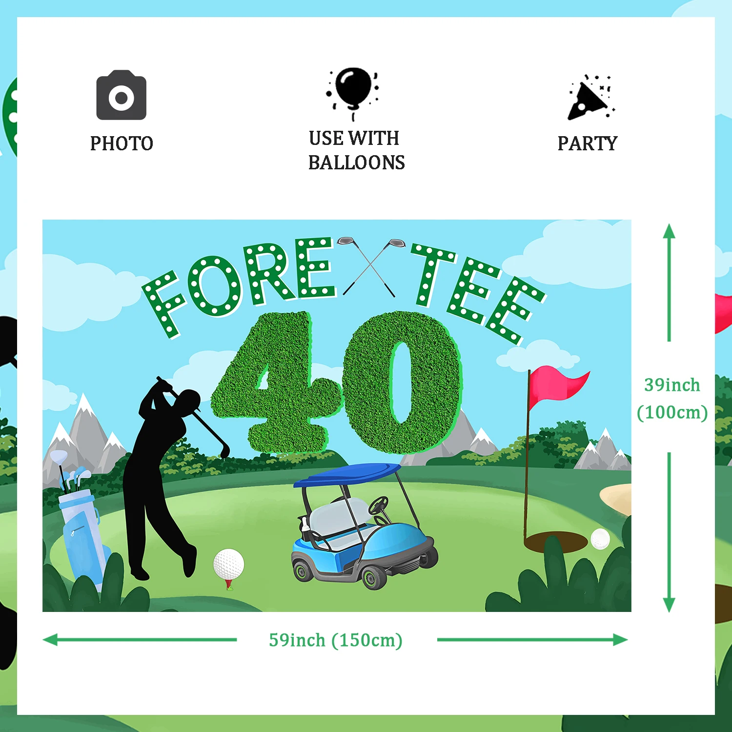 Green and White Golf Fore Tee Theme Background Cloth, 40th Birthday Backdrop, Party Decor Supplies for Adults