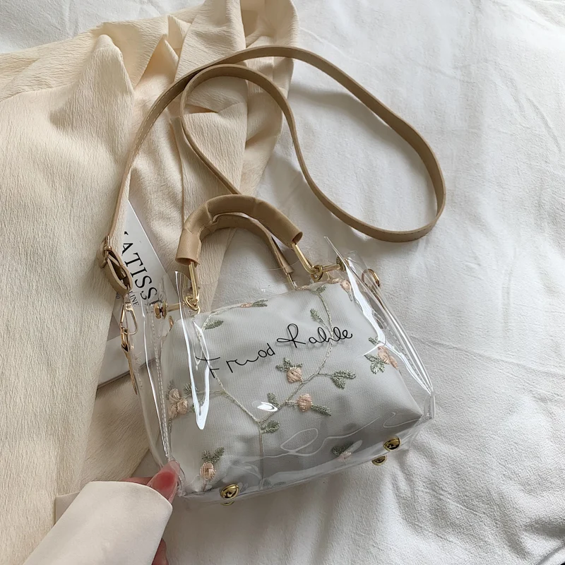 Spring Summer New Women Handbag Fashion Floral Embroidery Transparent Female Composite Bag Casual Versatile Ladies Crossbody Bag