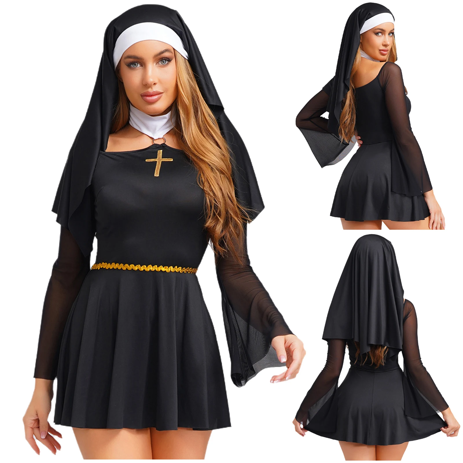 

Womens Naughty Nun Cosplay Dress And Coif O-ring Mesh Long Sleeve Culottes Dress with Headscarf for Halloween Festival Holiday