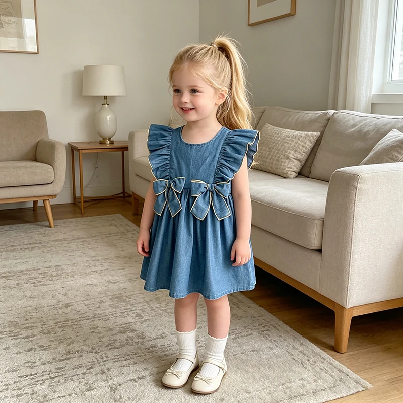 2026 Mädchenkleid Sommer Neuer Stil Schleife Denim Ärmellos Mädchen Baby Kinder 2-6 Jahre Kleid Westliche Kinderkleidung ﻿