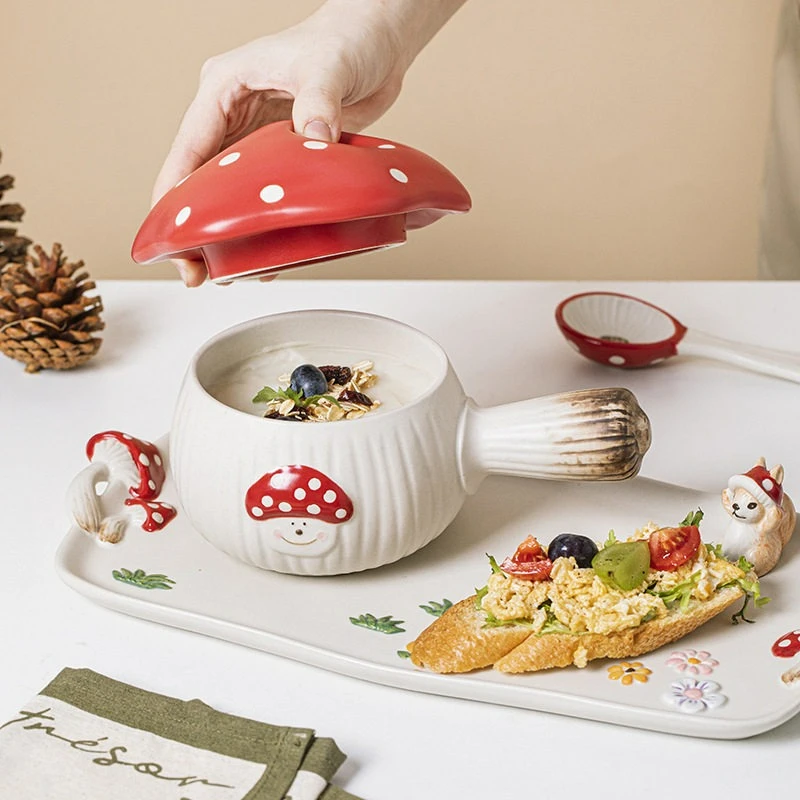 Cute Red Mushroom Ceramic Tableware Set Single Handle Bowl Soup Pot Breakfast Plate Dessert Tray with Spoon White Porcelain