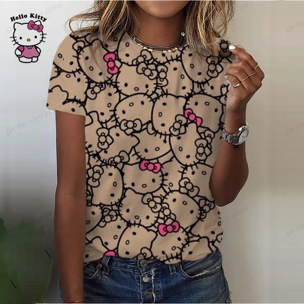 Hello Kitty 3D Print Summer T-Shirt 5XL Women's Boho Vintage Women's T-Shirt O-Neck T-Shirt Short Sleeve T-Shirt Ladies Top