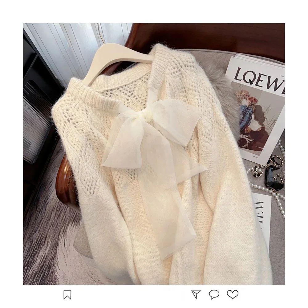 Women Sweaters Hollow Out French Style Bow Sweet Solid Loose Long Pullovers Korean Fashion Casual Elegant Female Sweater Tops
